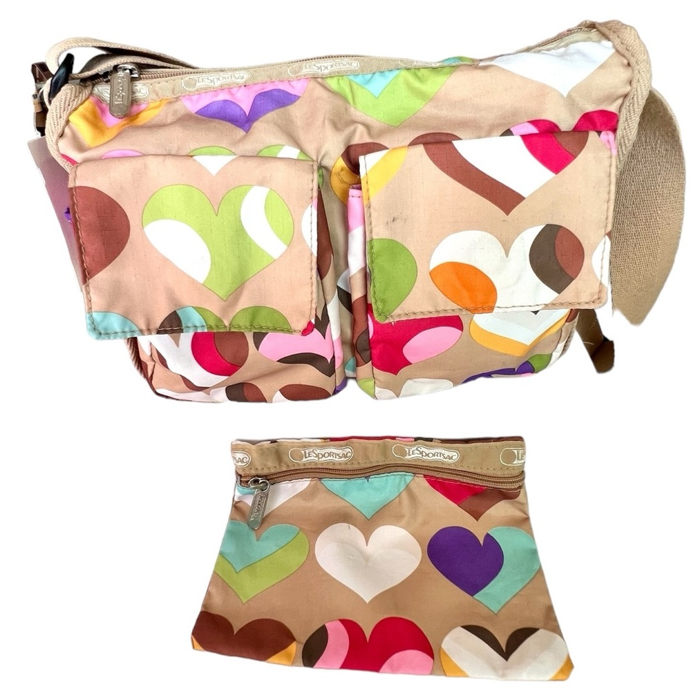 LeSportsac Two Piece Shoulder Cross Body Bag & Coin Purse Pouch Heart Design EUC
